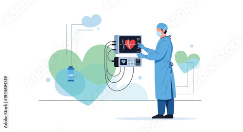 Surgeon with ECG machine and heart monitor in operating room, medical technology concept