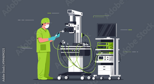 Surgeon with Endoscopic Surgical Equipment and Monitor in Operating Room
