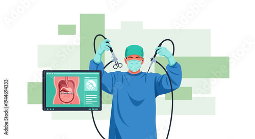 Surgeon with Laparoscopic Instruments and Internal Organ Display, Minimally Invasive Surgery Concept