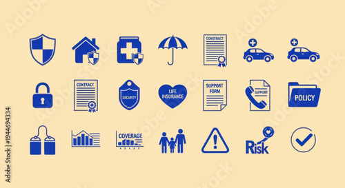 Insurance Icons Set: Protection, Health, Home, Car, Family, Risk, Policy