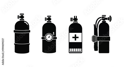 Four scuba diving tanks displayed in a stark black silhouette
