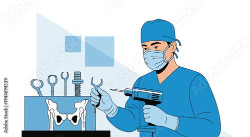 Surgeon with Drill and Pelvic Model: Orthopedic Surgery, Medical Tools, Healthcare Innovation