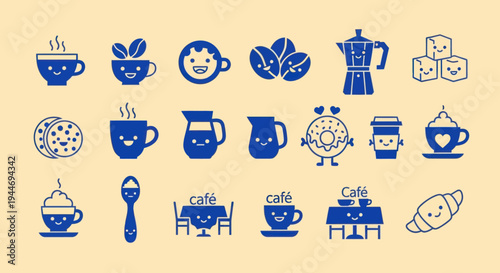 Cute Kawaii Coffee Icons Set: Coffee Cup, Beans, Croissant, Donut, Moka Pot, Sugar Cubes
