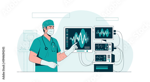 Surgeon With Medical Monitors Showing Vital Signs and ECG Waveforms