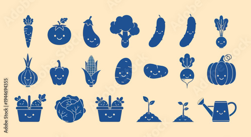 Cute Kawaii Vegetable Icons and Growing Plants Set