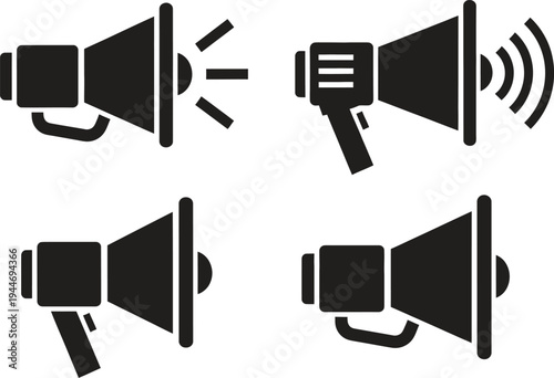 Four black megaphone icons in different styles