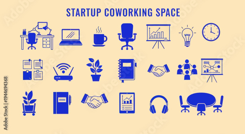 Startup Coworking Space Icons: Business, Teamwork, and Productivity Tools