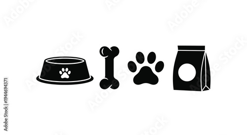 Pet supplies including food bone paw and bag in silhouette