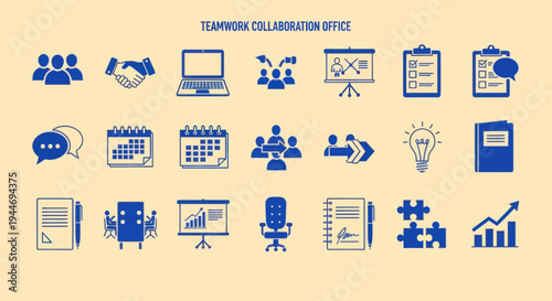 Teamwork and Collaboration Office Icons Set - Business Meeting & Planning Concepts