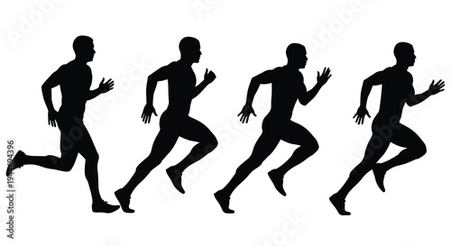Four runners in motion depicted as a striking black silhouette