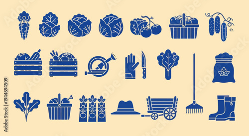 Farm Harvest Icons: Vegetables, Fruits, Tools, and Produce on Beige Background