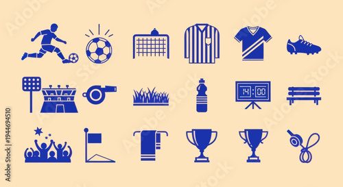 Soccer Icons Set: Football Player, Ball, Goal, Jersey, Boots, Stadium, Whistle, Grass