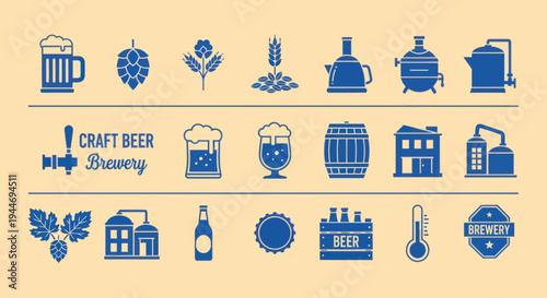 Craft Beer Brewery Icons Set: Beer, Hops, Barley, Barrels, Distillery, Thermometer