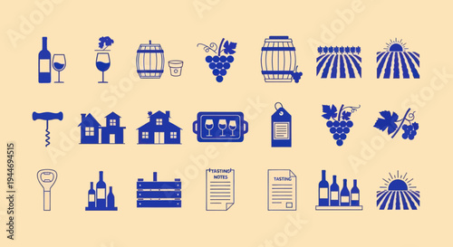 Wine Icons Set: Grapes, Bottles, Barrels, Vineyard, Corkscrew, Winery