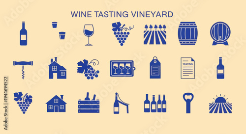 Wine Tasting Vineyard Icons Set: Grapes, Barrels, Bottles, Corkscrew, Winery & More
