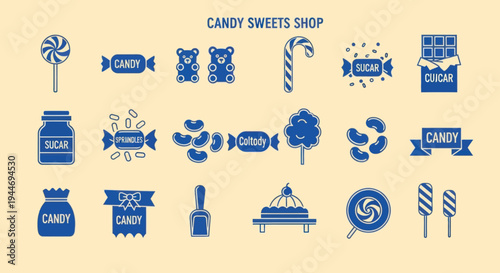 Candy Sweets Shop Icons: Lollipop, Gummy Bears, Chocolate, Candy Cane, Jelly Beans, Cake