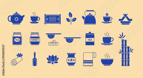 Tea Ceremony Icons: Kettle, Cup, Tea Leaves, Bamboo, Honey, Jar, Vase, Rolled Towel