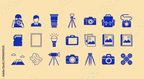 Photography Icons Set: Camera, Lens, Tripod, Bag, SD Card, Photos & More