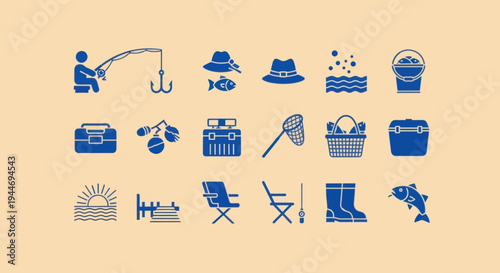 Fishing Icons Set - Blue Silhouettes on Beige Background