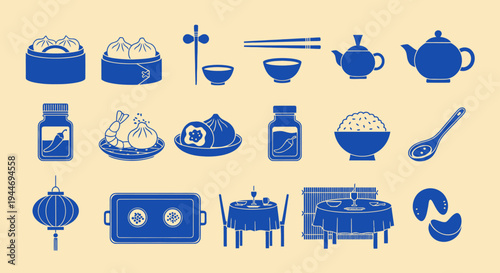 Chinese Food Icons: Dim Sum, Teapot, Chopsticks, Lantern, Rice, Tables