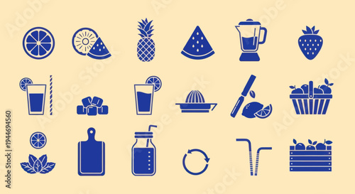 Fresh Fruit Juice Icons: Blender, Pineapple, Strawberry, Citrus, Watermelon, Mint