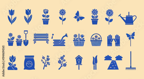 Gardening Icons Set - Flowers, Tools, Butterfly, Watering Can, Rake, Birdhouse