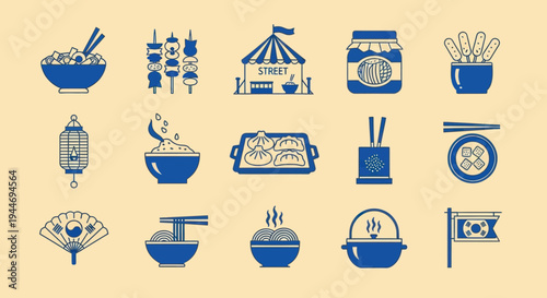 Korean Food Icons: Street Food, Noodles, Dumplings, and More - Blue on Beige