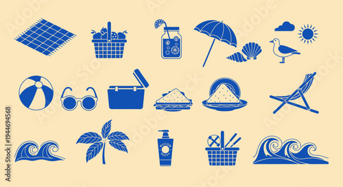 Summer Beach Vacation Icons: Picnic, Waves, Sun, and Relaxation Elements