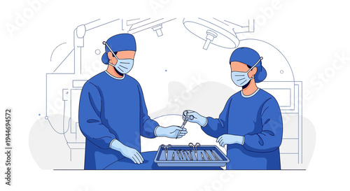 Surgeons in blue scrubs and masks preparing for surgery in an operating room.