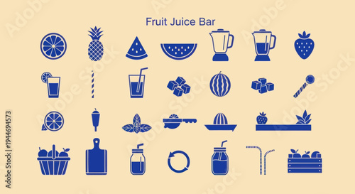 Fruit Juice Bar Icons Set: Healthy Drinks, Fruits, and Blenders