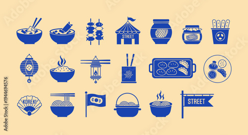 Asian Street Food Icons: Noodles, Dumplings, Skewers, Lanterns, and More
