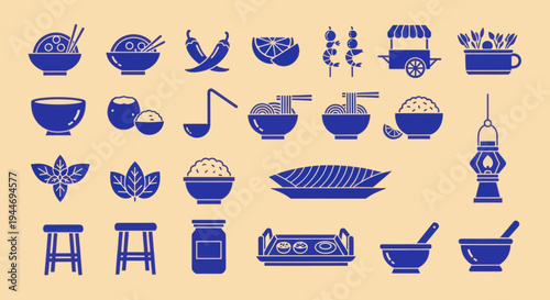 Asian Food Icons Set - Noodles, Rice, Spices, Street Food & Utensils