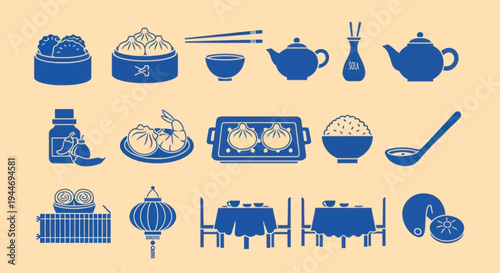 Chinese Food Icons: Dumplings, Teapots, Rice, Lanterns, Dining Table