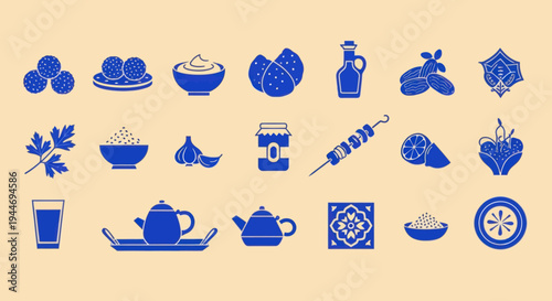 Middle Eastern Food Icons: Falafel, Hummus, Nuts, Spices, Kebab, Tea