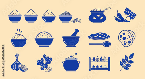 Indian Spices and Ingredients Icons: Rice, Chilies, Ginger, Garlic, Pot