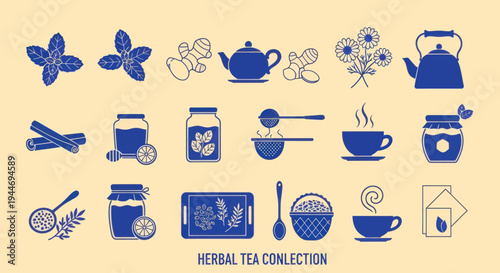 Herbal Tea Collection: Icons of Ingredients, Teapots, and Cups on Beige Background