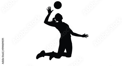 Volleyball player jumping to serve depicted in striking black silhouette
