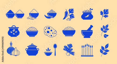 Indian Spices and Ingredients Icons Set - Vector Illustration