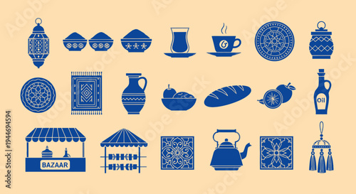 Middle Eastern Bazaar Icons: Lantern, Carpet, Tea, Food, Kettle, Bazaar Stall