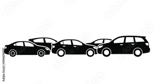 A row of modern cars depicted in stark black silhouette
