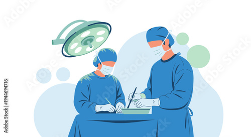 Surgeons in sterile blue scrubs performing surgery under bright operating room light