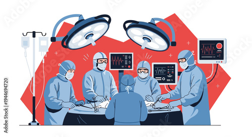 Surgeons in PPE performing surgery under bright lights, medical monitors displaying vital signs