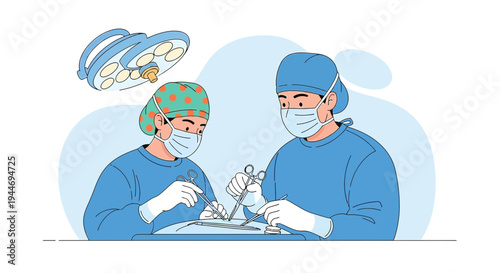 Surgeons in sterile gowns and masks performing surgery under operating room lights.