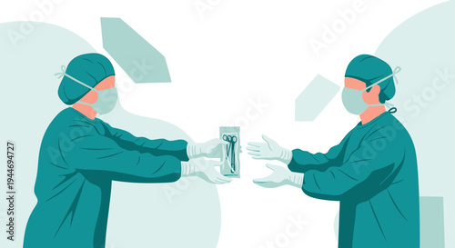 Surgeons in sterile gowns and masks passing surgical instruments in sterile packaging.