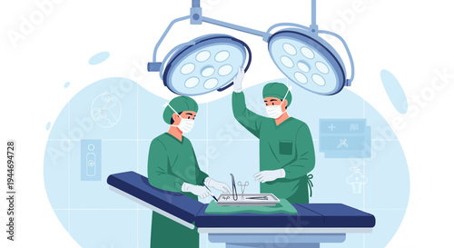 Surgeons in sterile gowns and masks performing surgery under operating room lights