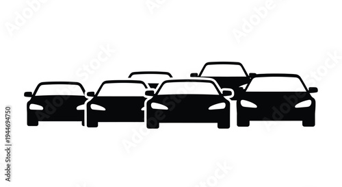 A row of cars depicted in stark black minimal silhouette