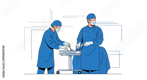 Surgeons in surgical gowns and masks performing a medical procedure in an operating room.