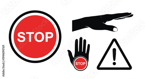 Stop sign hands and warning symbol presented as a striking silhouette