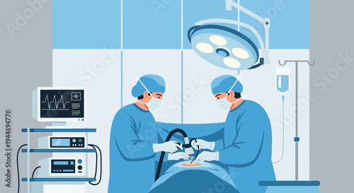 Surgeons Perform Laparoscopic Surgery in Modern Operating Room with Medical Equipment