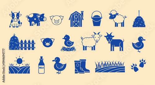 Farm Animal Icons Set: Cow, Pig, Sheep, Duck, Goat, Barn, Milk, Boots, Haystack